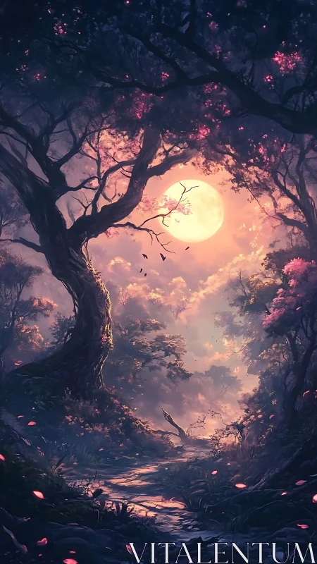 Enchanted moonlit forest path glows beneath soft pink skies