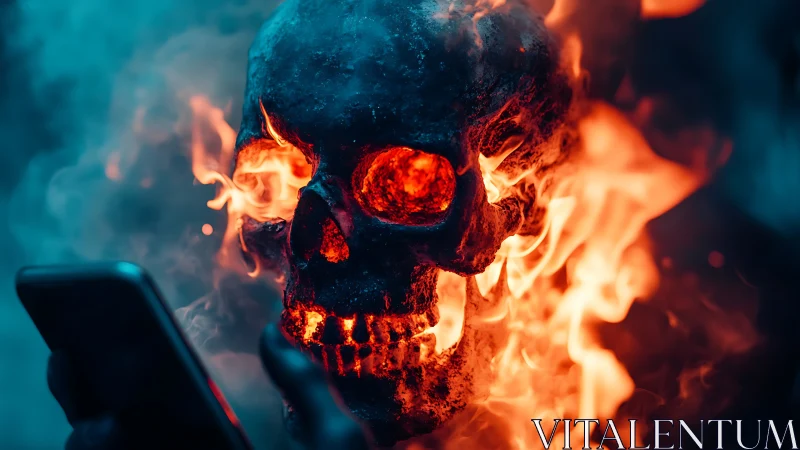 Flaming skull render is illuminated by a handheld smartphone