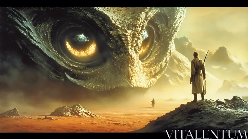 Colossal desert creature meets a lone wanderer in golden dusk