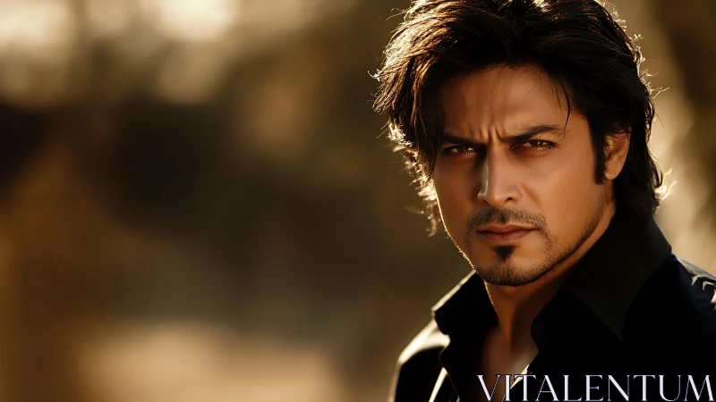 Intense male portrait in golden hour cinematic lighting.