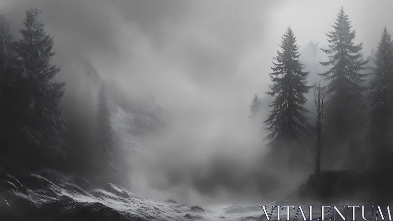 Misty conifer forest emerging from a shadowed valley floor.