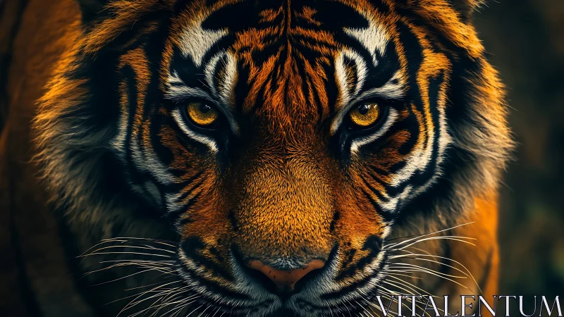 Hyperreal frontal tiger portrait with dramatic low-key lighting