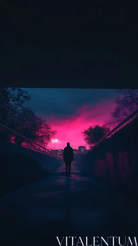 Silhouette in underpass aligned to neon magenta urban sunset vanishing point