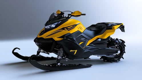 Solar-flare snowmobile prowls sleek studio winter light.