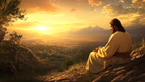 Photorealistic sacred figure overlooking sunlit valley panorama.