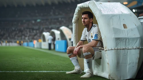 Football player seated in dugout structure at stadium edge.