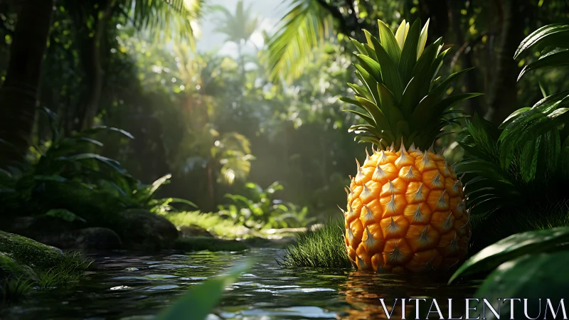 Pineapple positioned beside shallow jungle waterway.