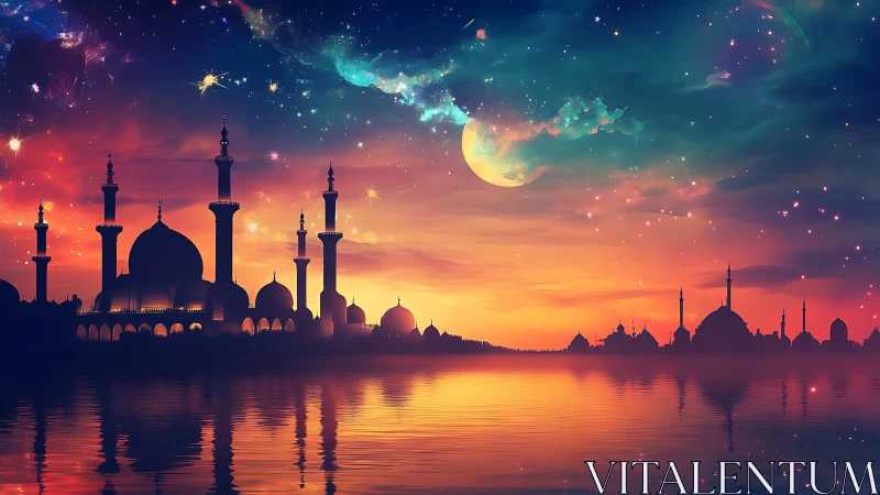 Celestial mosque skyline over spectral sunset waterplane.