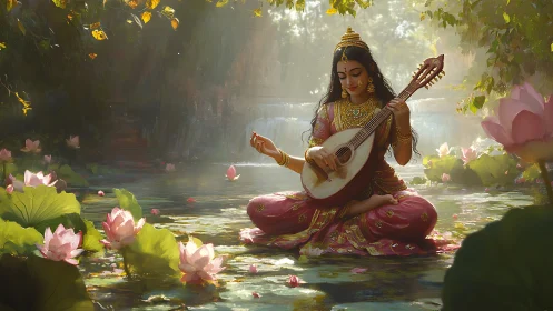 Graceful goddess of music resting in a sunlit lotus pond.