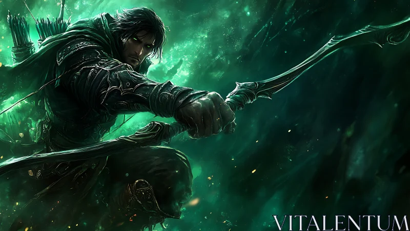 Armored archer drawing bow in green atmospheric field.