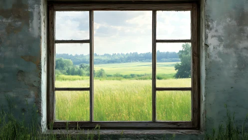 Weathered interior window framing open summer fields.