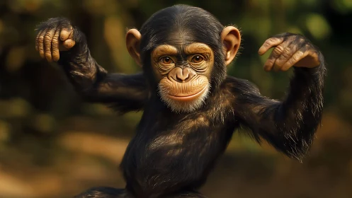 Photorealistic baby chimp portrait with dynamic gesture lighting.