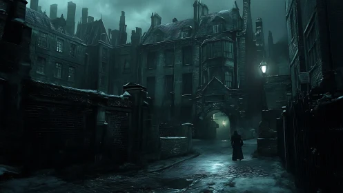 Victorian alley glows under cold emerald rainlight.