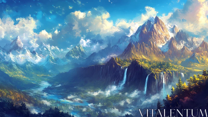 Sunlit fantasy mountains with misty waterfalls and riverscape.