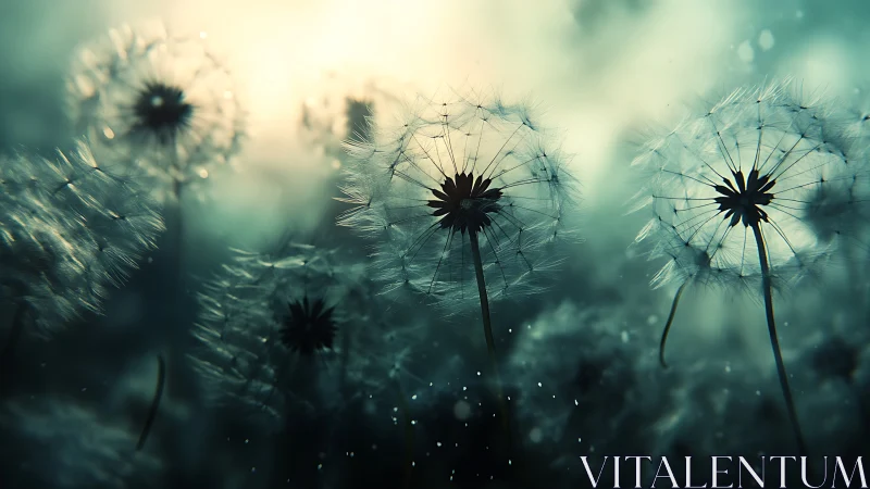 Dreamlit dandelion seeds drifting through quiet twilight.