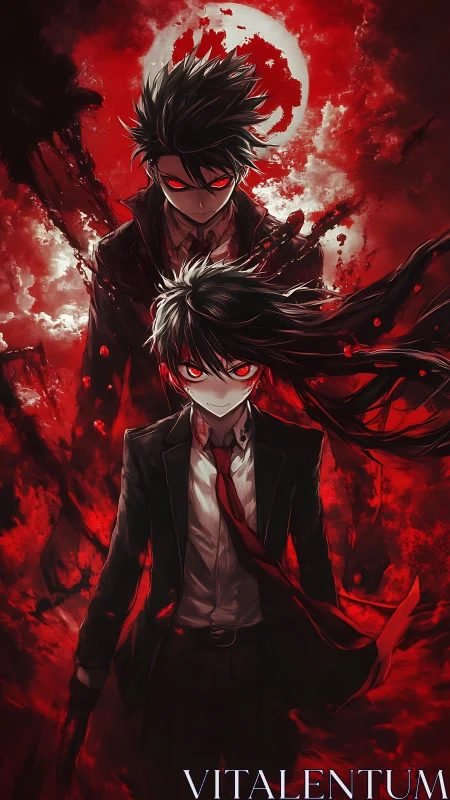 Crimson moonlit anime duo with bloodlike energy eruptions