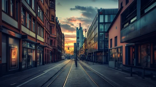 Empty tram street captures reflective city sunset glow