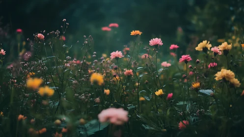 Dreamy wildflower meadow glowing in soft evening light.
