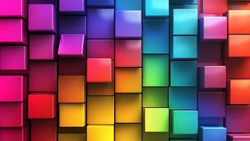 Colorful 3D blocks glow gently in a playful rainbow wall