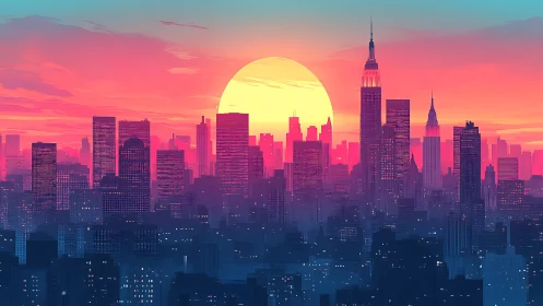 Neon sunset city skyline wrapped in dreamy evening glow.
