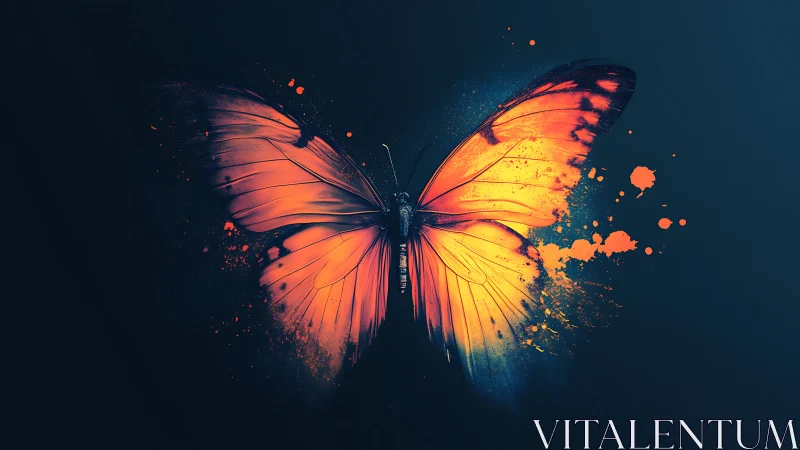 Radiant splatter-wing butterfly in a moody midnight glow.