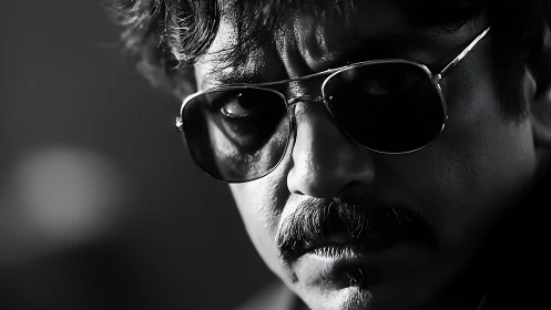 Intense male portrait captures hard light on reflective shades