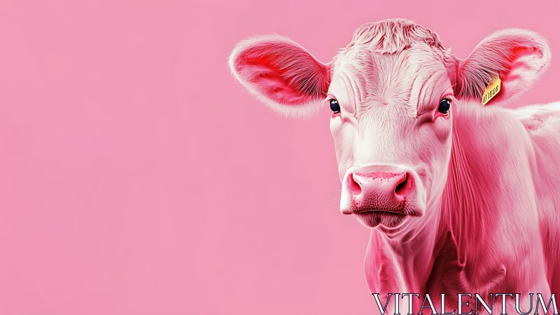 Candy-pink cow portrait on bold monochrome backdrop.