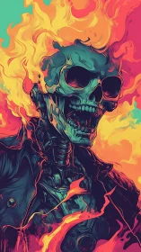 Flaming cybernetic skull in neon comic illustration.