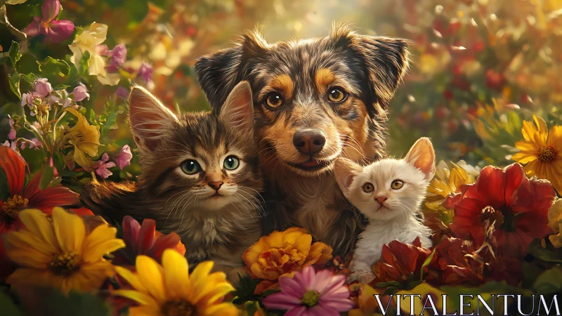 A Dog, Cat, and Kitten Share a Colorful Flower Garden