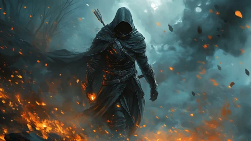 Shadowed wanderer crossing embers and stormlit smoke.
