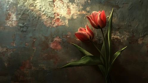 Red tulips against weathered grunge wall surface
