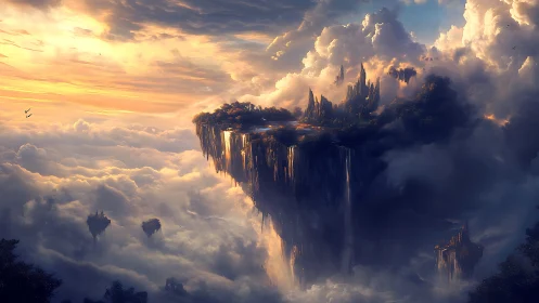 Skyborne cliffs cradle sunlit waterfalls above dreaming clouds.