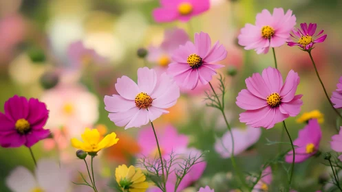 Cosmos bipinnatus cultivar composition: pink and magenta petals with yellow disc florets.