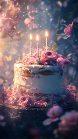 Enchanted Birthday Cake with Glowing Candles and Pink Florals.