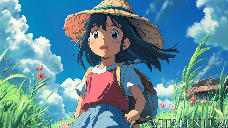 Aerodynamic anime field walk under cumuliform cloudscape.