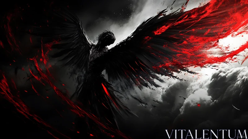 High-contrast winged silhouette bursts through storm clouds in red