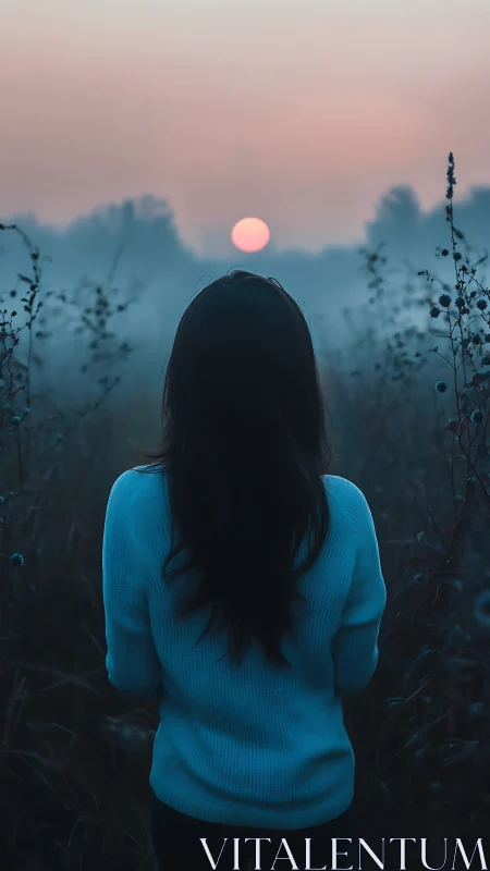 Silhouetted woman studies misty sunrise over quiet meadow