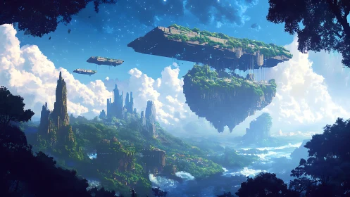 Digital painting of tiered sky islands above lush river valley.