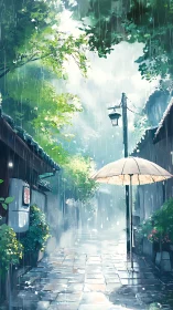 Quiet alleyway umbrella glows in soft summer rainfall hush.