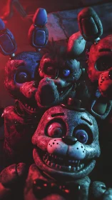 Distressed animatronic rabbits under harsh colored light.