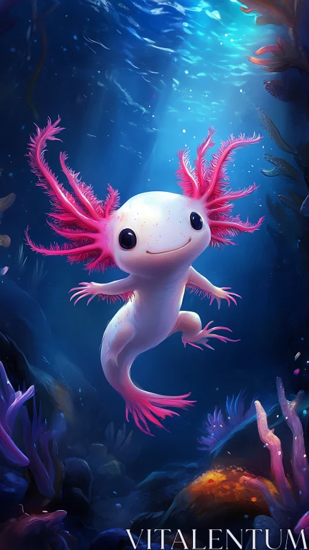 Whimsical pink axolotl drifting through glowing reef depths.
