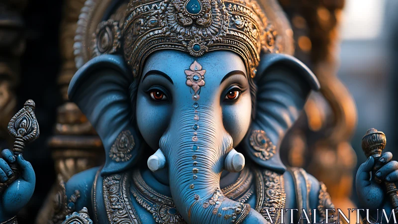 Serene blue Ganesha statue glowing with golden details.