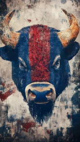 Frontal bison portrait with red stripe and textured grunge field