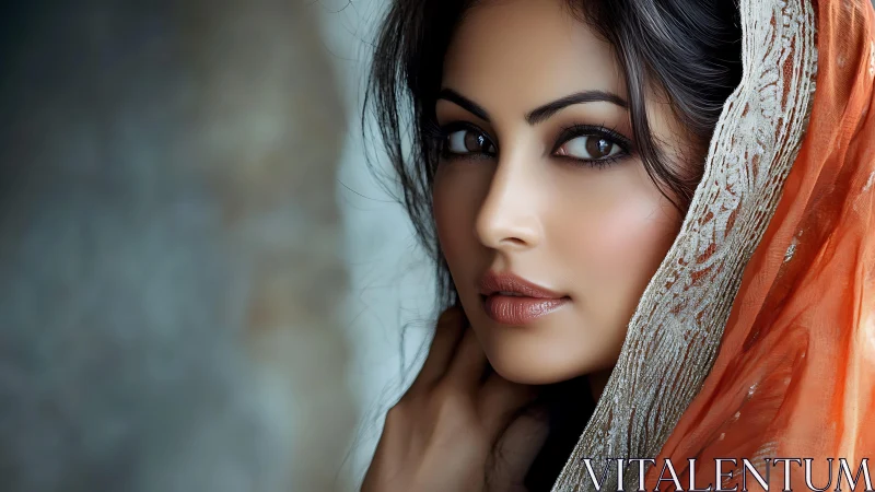 Graceful portrait in soft light with shimmering orange veil.