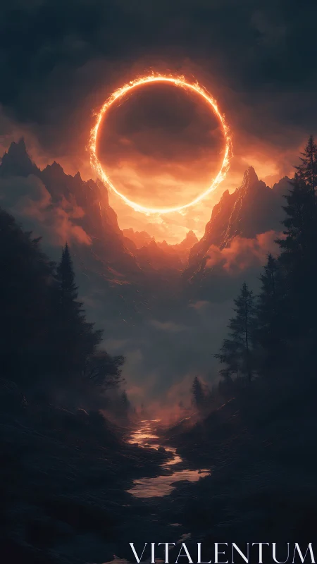 Fiery eclipse ring glows above misty mountains at dusk