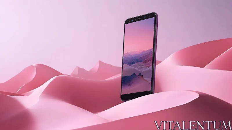 Modern smartphone standing in surreal pink landscape, minimal style.