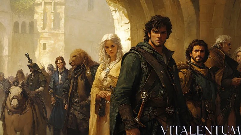 Fantasy adventurers stand united in a sunlit stone passage