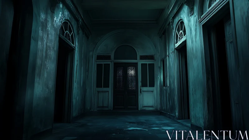 Moody abandoned hallway glowing with quiet eerie mystery.