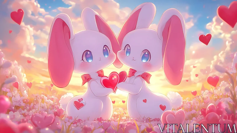 Twin heart-bunny daydream in a pastel sunrise meadow.