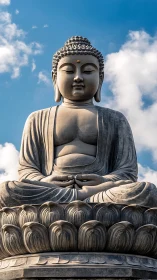 Serene stone Buddha statue under clear blue sky.